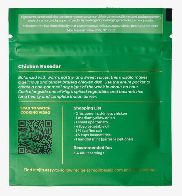 Back of Moji Masala Chicken Rasedar Masala packet with ingredients, cooking instructions, and QR code