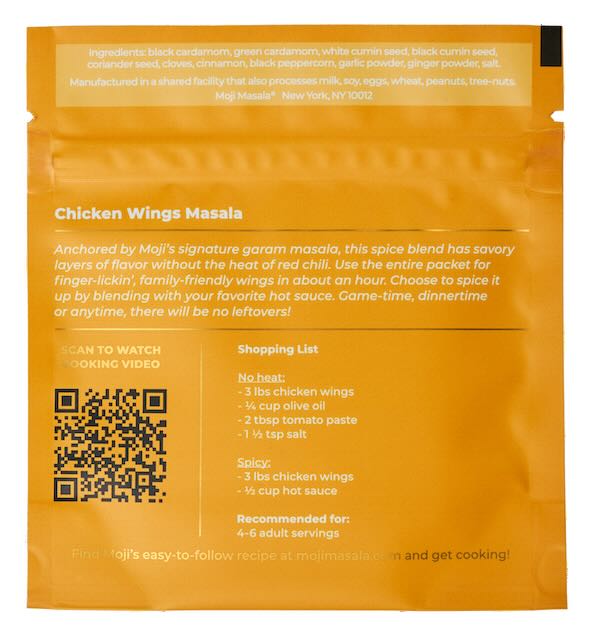 Back of Moji Masala Chicken Wings Masala packet with ingredients, cooking instructions, and QR code
