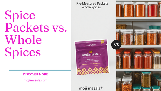 One pre-measured moji masala® spice packet versus a rack of whole spices in jars — comparison graphic
