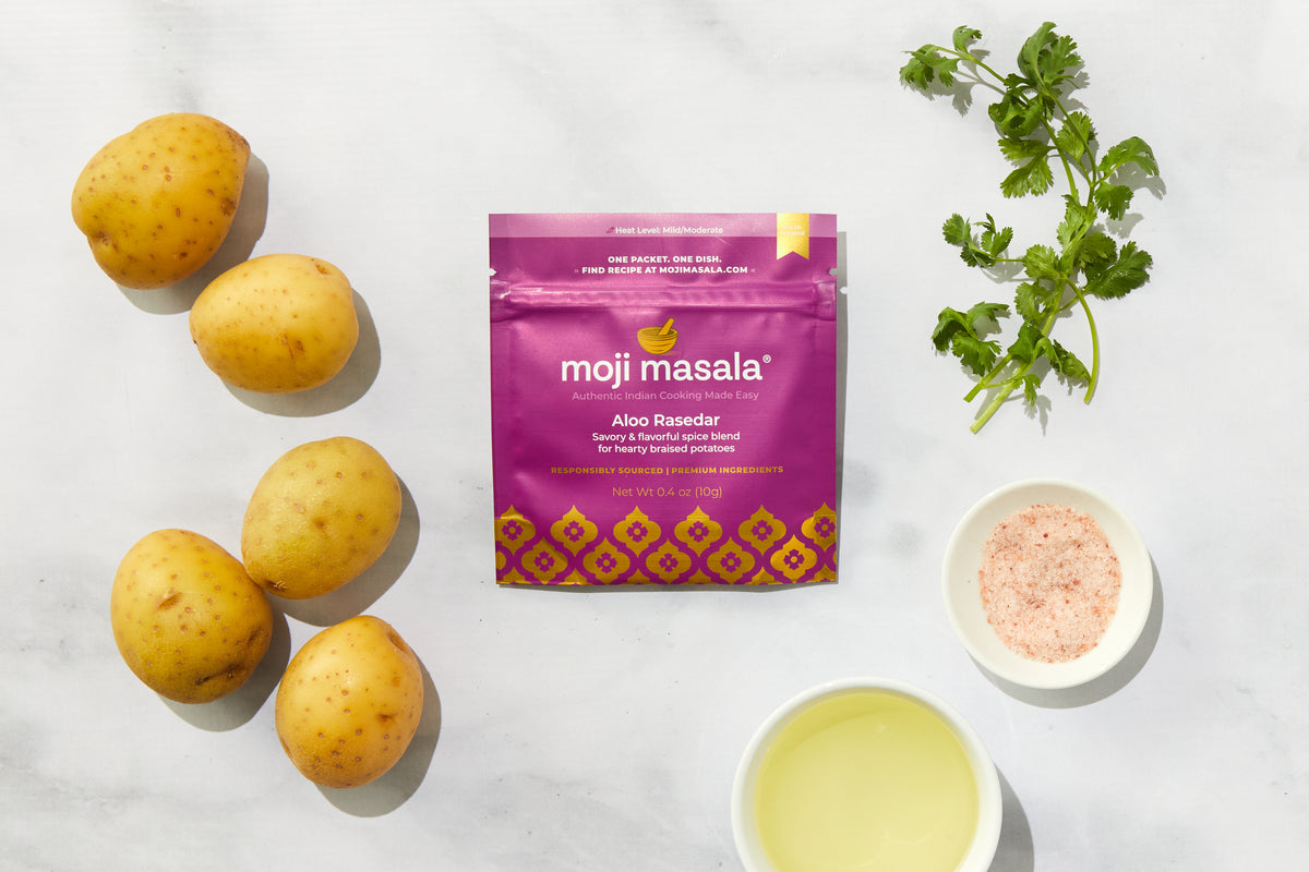 Aloo Rasedar potato curry finished dish — moji masala® Vegan Gift Set