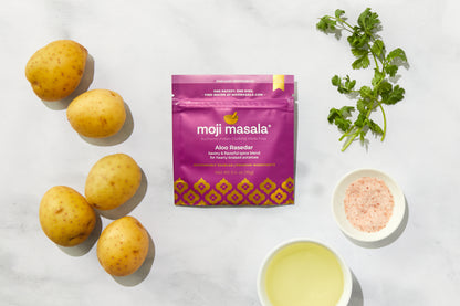 Aloo Rasedar potato curry finished dish — moji masala® Vegan Gift Set