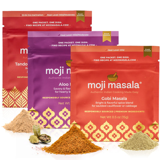 moji masala ®  Best Sellers Indian Spice Set – 3-Pack Spice Blend Set Tandoori Masala, Gobi Masala, Aloo Rasedar