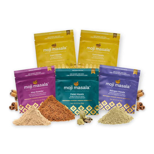 Dahl Lover's Set: two Dahl Masala packets plus Aloo Rasedar, Palak and Baingan Masala vegan Indian spice blend packets with ground spices